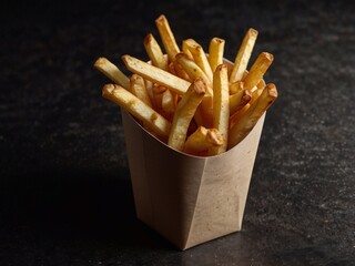 Fresh aromatic french fries in cubes in a natural paper cup. Modern stylish food shooting. Side view. Vertical minimalist photography.