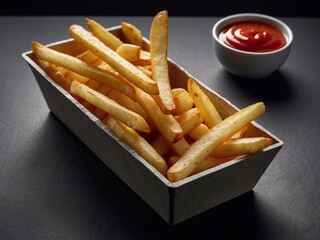 French fries in cubes in a rectangular paper plate. Ketchup sauce next to it. Stylish food shooting. Minimalist photography.