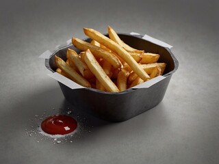 French fries in cubes in a  plate. Ketchup sauce next to it. Stylish food shooting. Minimalist photography.