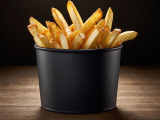 Fresh aromatic french fries in cubes in a black round paper cup.Stylish food shooting. Side view. Vertical minimalist photography.