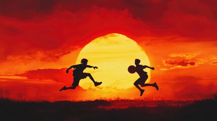 Silhouette of Two Children Playing Basketball at Sunset Horizon