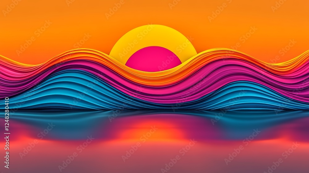 Sticker A vibrant 3D render of layered colorful waves reflects a stylized setting sun creating an abstract modern seascape with bright hues