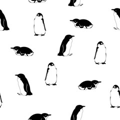 Obraz premium black and white penguins. repetitive background. vector seamless pattern. animal illustration. fabric swatch. wrapping paper. continuous design template for greeting card, textile, linen