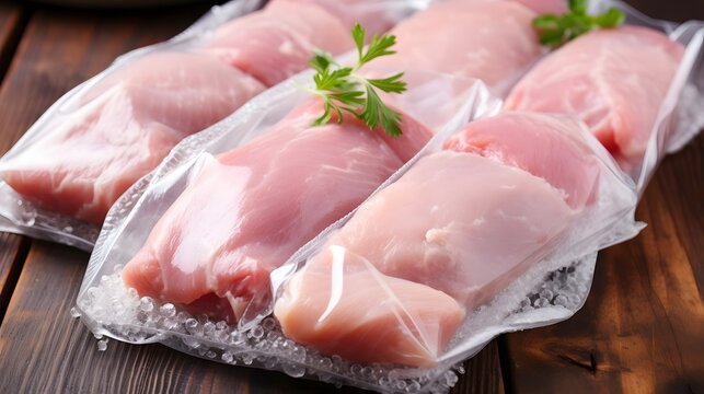 Closeup of neatly packaged frozen chicken pieces sealed in transparent plastic wrap displayed for retail sale in a grocery store or supermarket setting