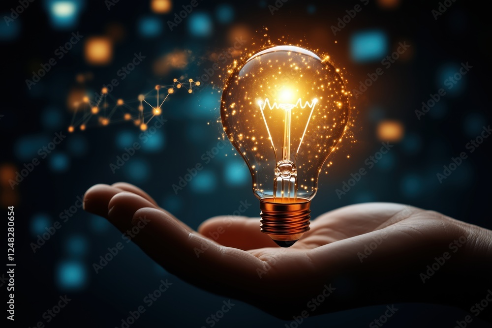 Poster glowing light bulb symbolizing bright business ideas floating above an open hand in a creative setti
