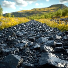 Dark Rocks Path Through Sunny Meadow Landscape