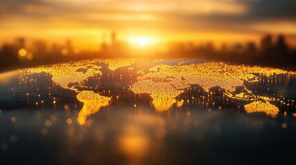 Golden world map with luminous city lights against a sunset horizon showcasing global connectivity and digital networks