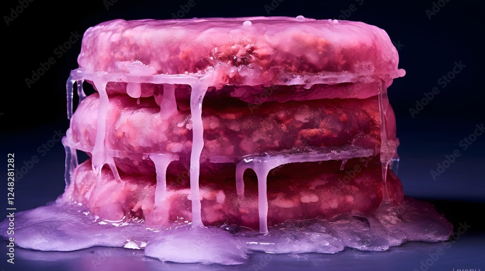 Aufkleber frozen beef patties stacked in a minimalist arrangement with a frosty icy glaze on a simple white pl