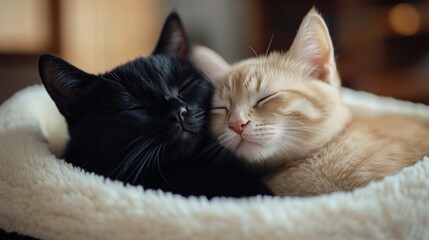 Kittens cuddling, sleeping, home, cozy, indoors