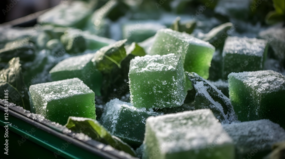Aufkleber frozen spinach cubes stacked in a frosty transparent container with icy textural pattern healthy nut