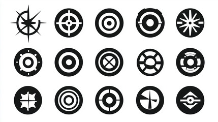 A vector illustration set of various target destination icons, highlighting bullseye marks, sniper sights, and focus points, all in clean, clear design.