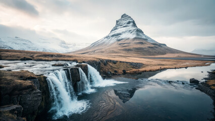 Majestic mountain with waterfall and serene river in Icelandic landscape