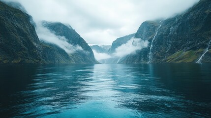 Fototapeta premium Serene fjord landscape with misty mountains and calm waters reflecting the cloudy sky