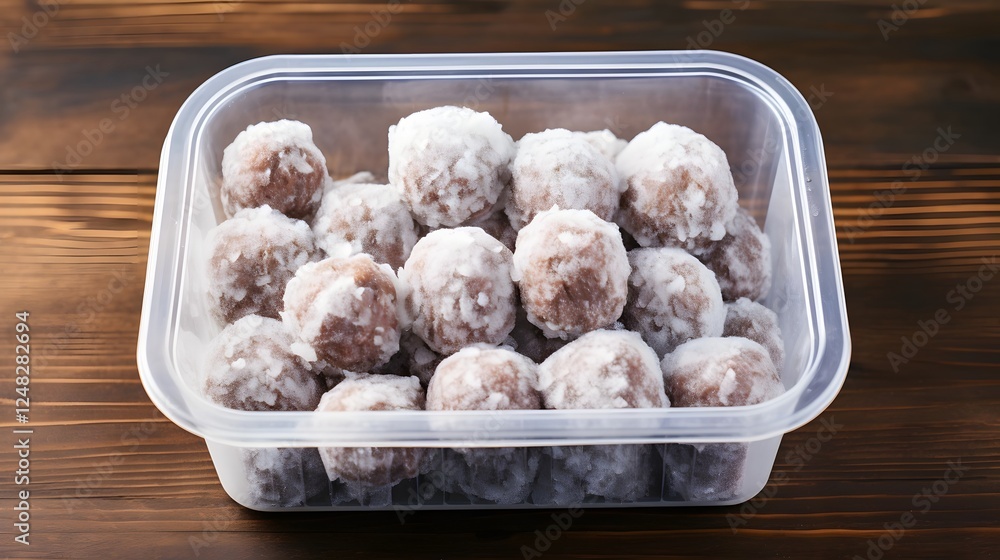 Poster frozen meatballs neatly arranged in a transparent glass or plastic container with a frosty frozen ap