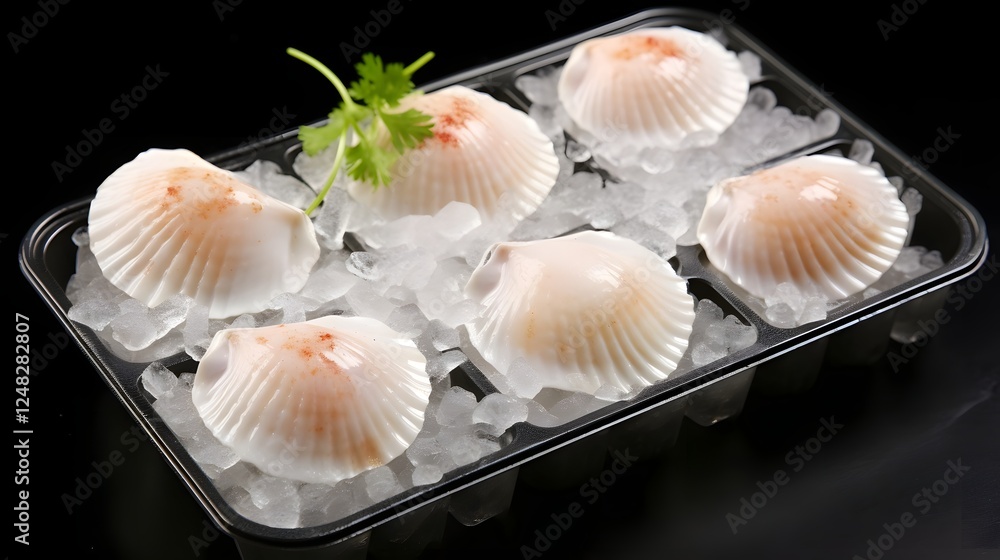 Poster frozen scallops with intricate visible ice crystals delicately arranged and displayed in a minimalis