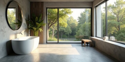 Fototapeta premium Polished concrete floor, freestanding tub, large window, sun, home decor, natural light
