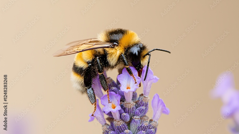 Poster spring concepts. bee pollinating a lavender flower in close-up view.