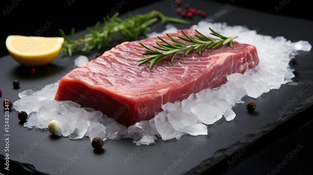 Poster frozen tuna steak with a unique frost covered texture displayed on a slate background creating a min