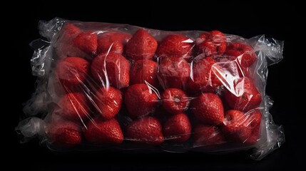 Closeup of Packaged Frozen Strawberries Showcasing the Icy Texture and Crystalline Details on the Fruit s Surface Highlighting the Freshness and of the Frozen Produce