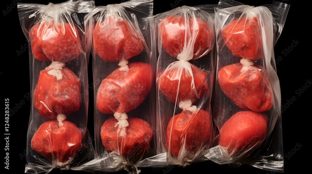 Poster frozen strawberries with visible ice crystals and frost details against a plain white backdrop the i