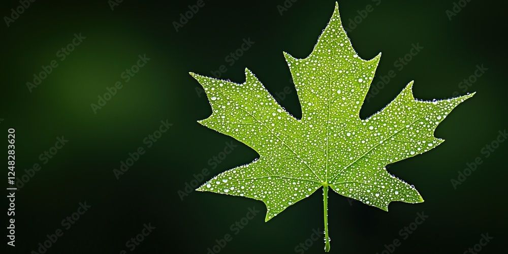 Poster spring concepts. green leaf with dew droplets on dark background.