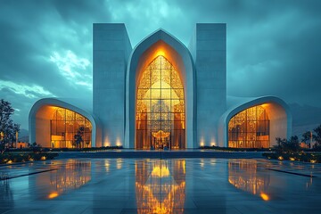 Naklejka premium Modern Architectural Building with Illuminated Arched Entry Reflecting in Tranquil Water