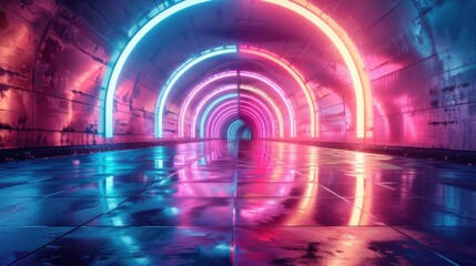 Fototapeta premium 3D render of a futuristic tunnel with vibrant neon lights, creating a mesmerizing pathway of colors