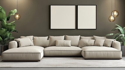 Cozy Modern Living Room with Stylish Sofa and Green Plants