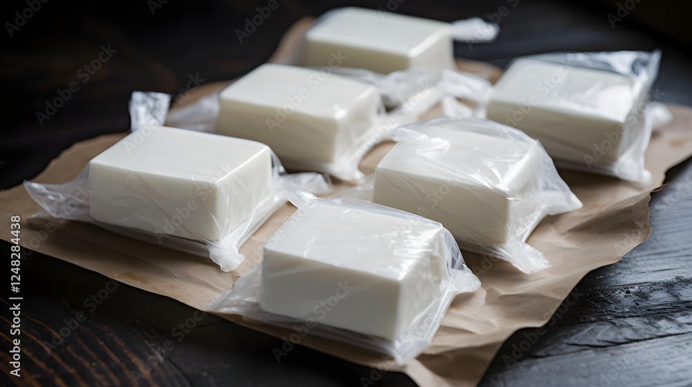 Poster closeup of vacuum sealed frozen tofu blocks with intricate ice crystal patterns and textures against