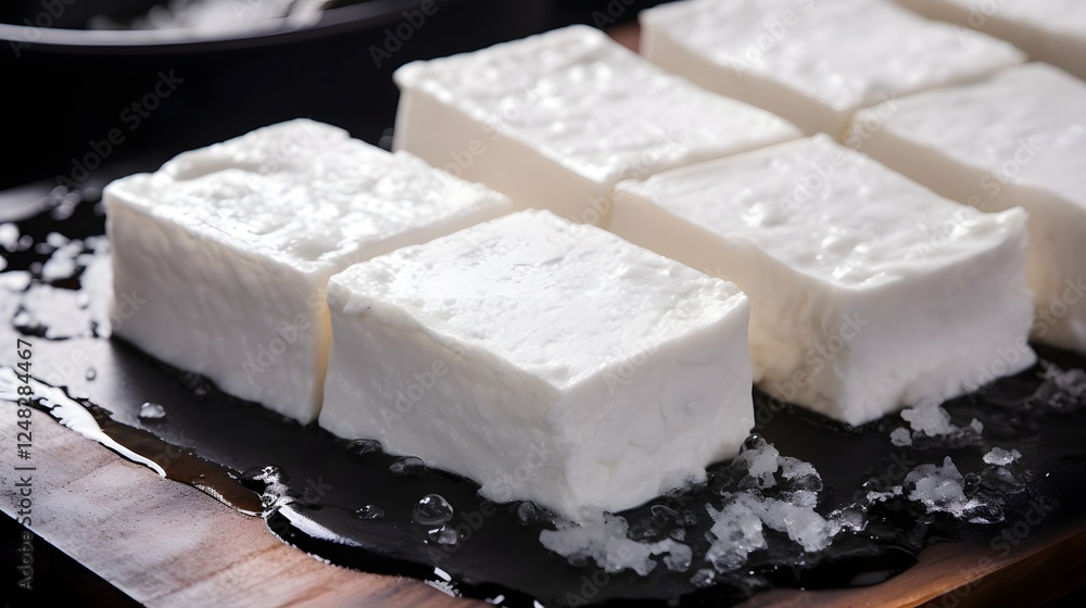 Poster frozen tofu blocks with intricate icy textures in a clean minimalist composition the vacuum sealed t