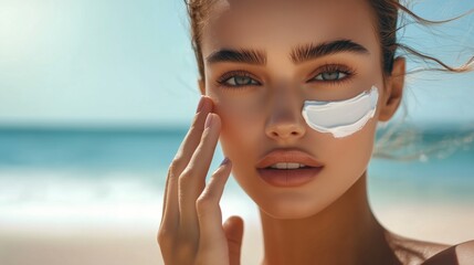 Close up of beautiful woman on beach applying sun cream, featuring ample copy space for advertising purposes