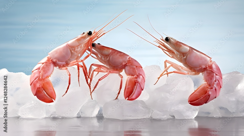 Poster frozen prawns displayed on elegant marble surface with visible frost texture and crystal like patter