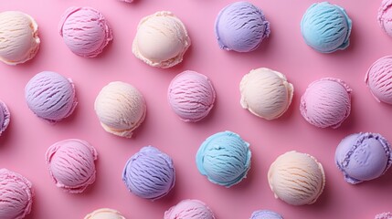 Colorful Assortment of Ice Cream Scoops on Pink Background