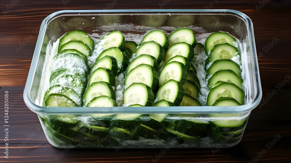 Poster frozen frosty slices of fresh zucchini neatly arranged in a clear transparent container capturing th