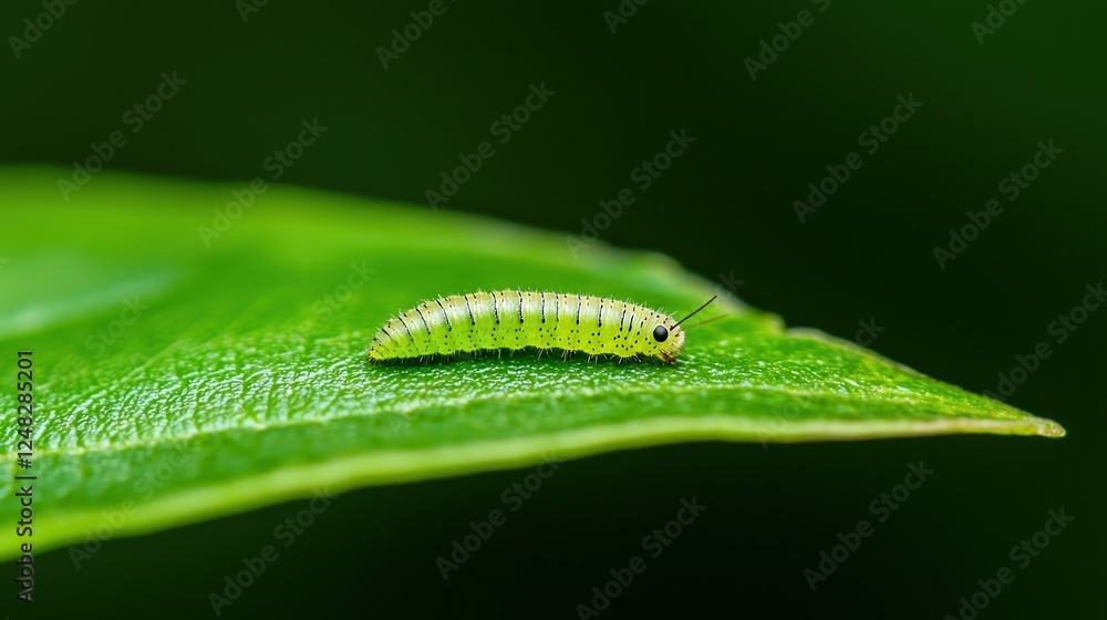 Poster spring concepts. caterpillar resting on a green leaf in a natural setting.