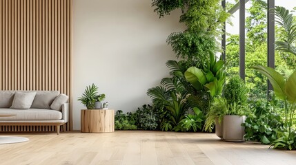 Cozy modern living room with greenery and large window view