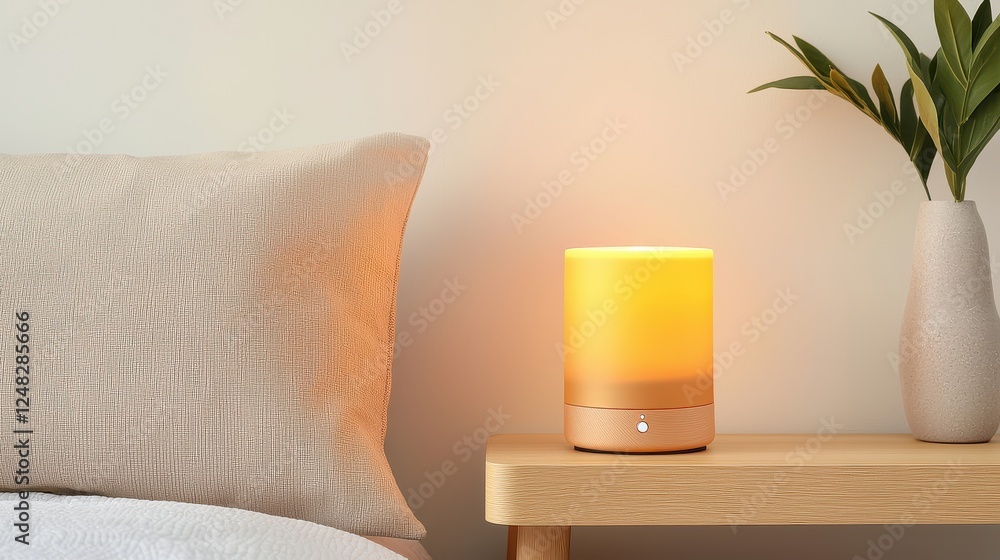 Poster led color changing diffuser enhancing ambiance in modern bedroom setting with soft warm glow