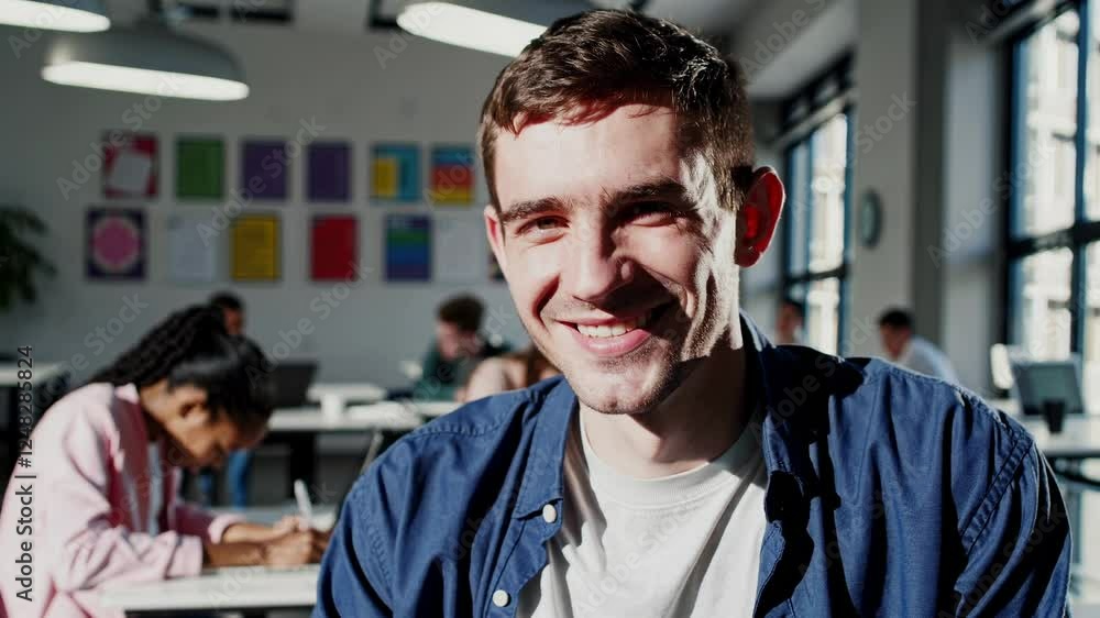 Poster the video captures a lively classroom with students engaged in activities, focusing on a smiling man