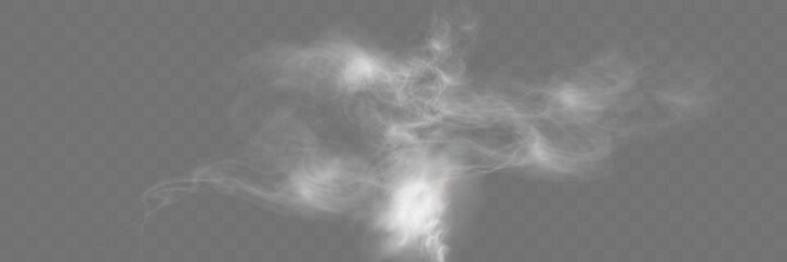 Realistic white smoke or mist effect with soft, swirling patterns on a transparent background. Perfect for overlays and atmospheric designs.	