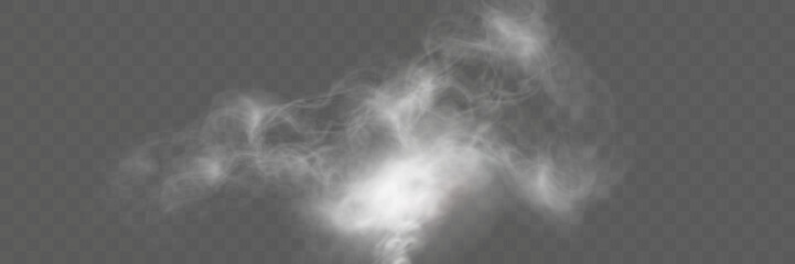 Realistic white smoke or mist effect with soft, swirling patterns on a transparent background. Perfect for overlays and atmospheric designs.	