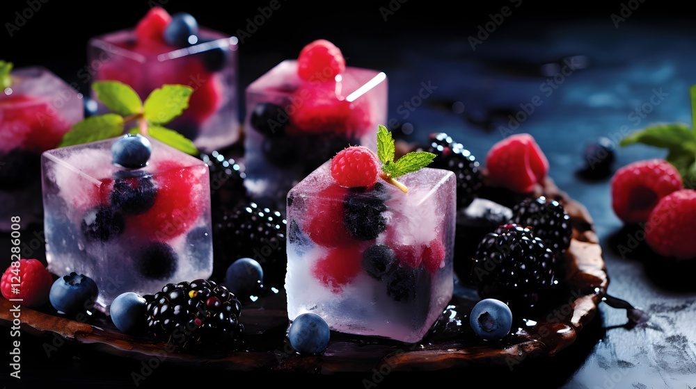 Poster closeup of a frozen mixed fruit blend covered in a shimmering ice glaze against a clean studio backg