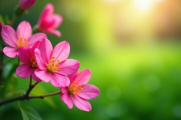 Obraz premium Vibrant pink spring flowers, lush green backdrop, leaves, pastel, soft