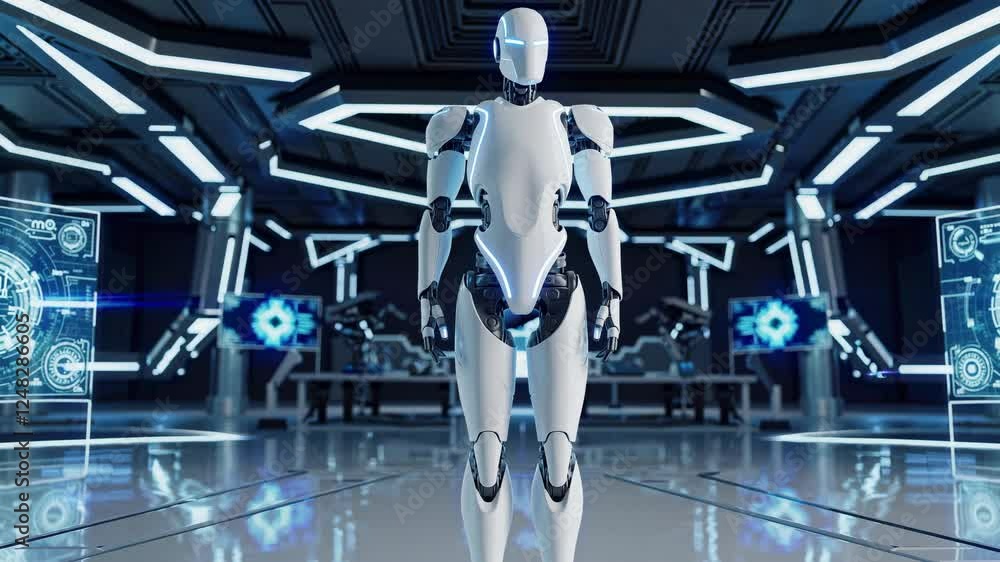 Poster futuristic video showcasing a humanoid robot in a high-tech lab, emphasizing sleek design and advanc