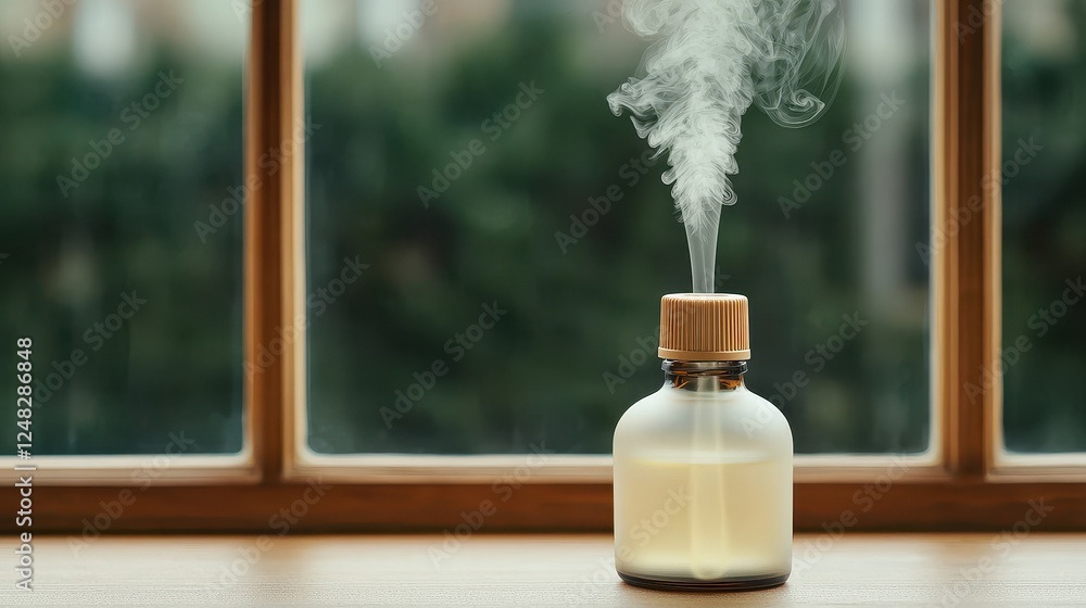 Aufkleber diffuser with essential oils emitting fragrant steam near an open window showcasing natural ambiance