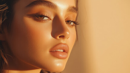 close up of woman with glowing skin and expressive features, showcasing natural beauty and warm lighting. soft tones enhance her captivating look