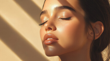 serene woman with glowing skin, eyes closed, basking in warm light and shadows. soft illumination highlights her natural beauty and calm expression