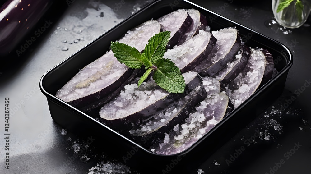 Aufkleber beautifully arranged frozen eggplant slices stacked inside a simple container creating a visually st