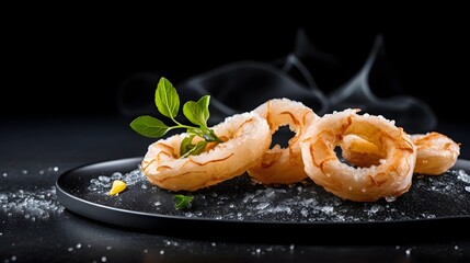 Frozen calamari rings arranged beautifully on a sleek black slate surface with delicate ice crystals and details highlighting the seafood s textures and presentation  This minimalist