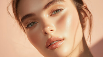 Fototapeta premium Radiant beauty portrait of woman with natural makeup and glowing skin, showcasing soft features and captivating eyes. warm tones create inviting atmosphere