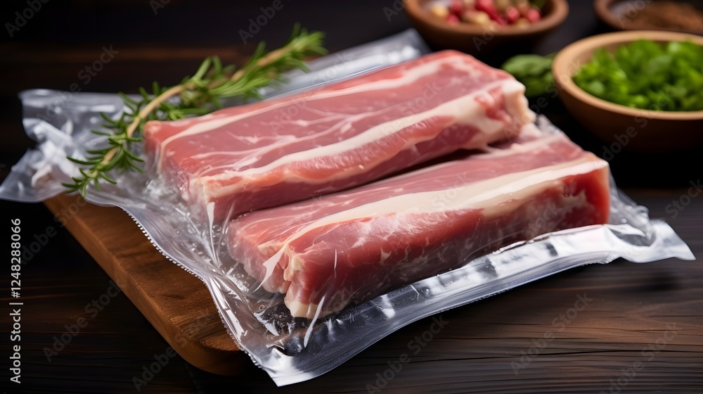 Poster frozen vacuum sealed ribs displayed on a rustic wooden board with a frosty layer covering the surfac